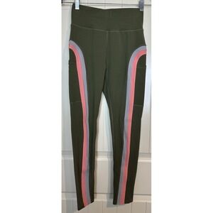 POPFIT‎ Leggings Green Pink Gray Striped Womens Size S Pockets GUC Athletic Gym